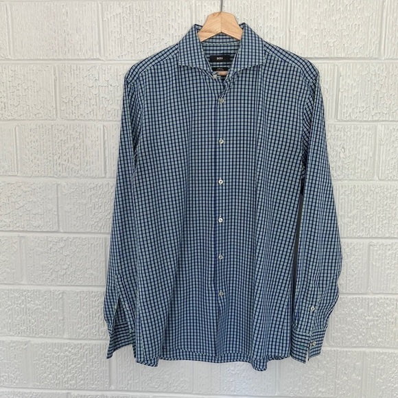 Hugo Boss Mens Sharp Fit Check Plaid Long Sleeve Button Up Cotton Shirt Sz 16.5 - Picture 1 of 9